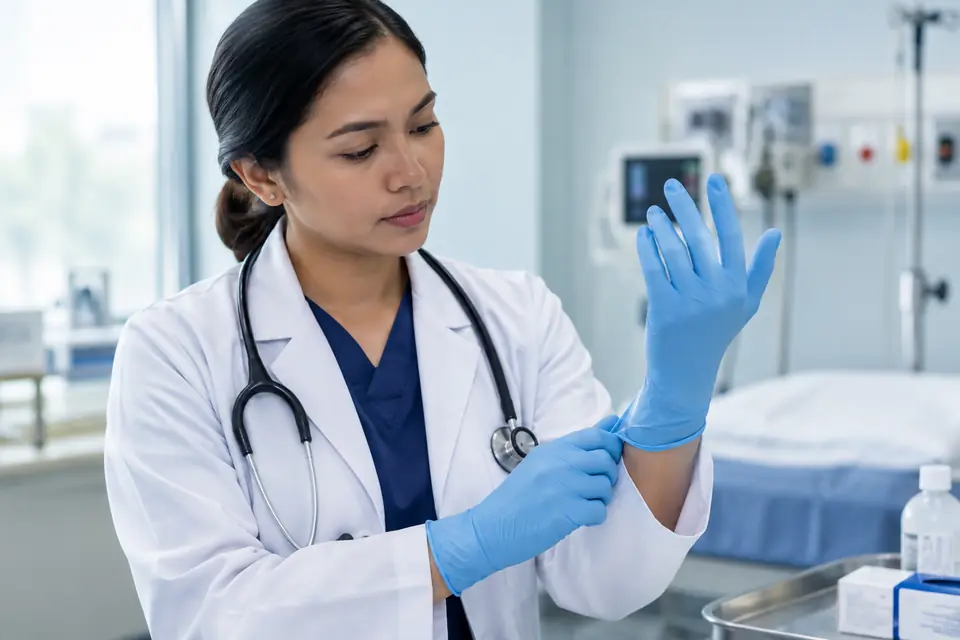 A clinician in a white coat pulling on a blue nitrile examination glove at the bedside