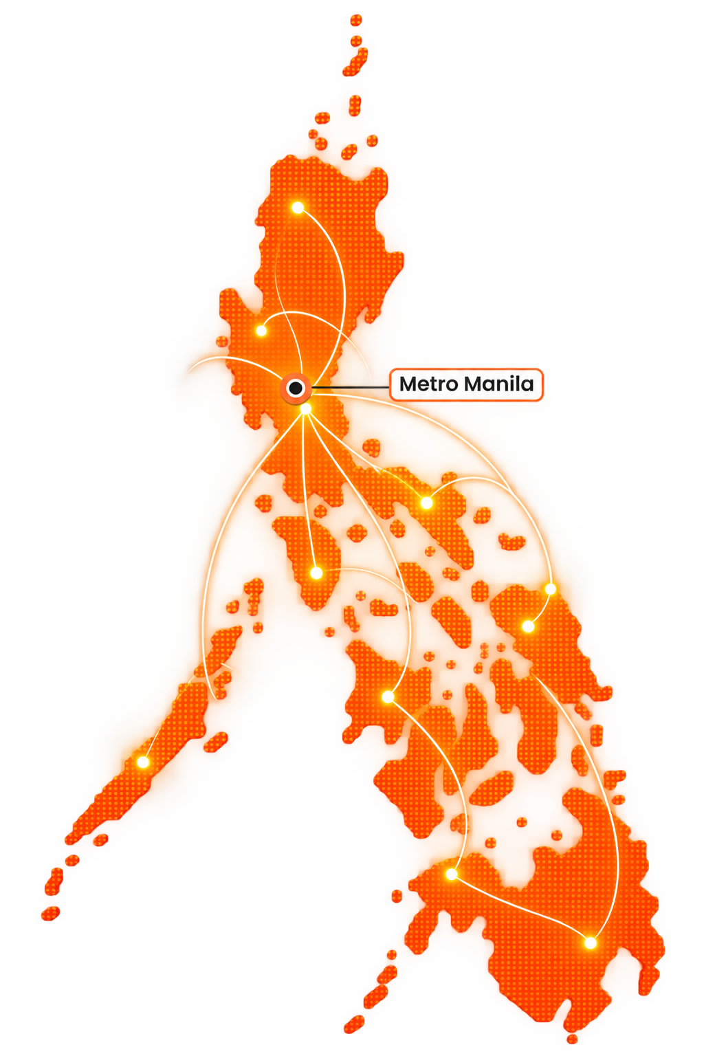 A map of the Philippines with Metro Manila marked and lines running from it to locations across the islands