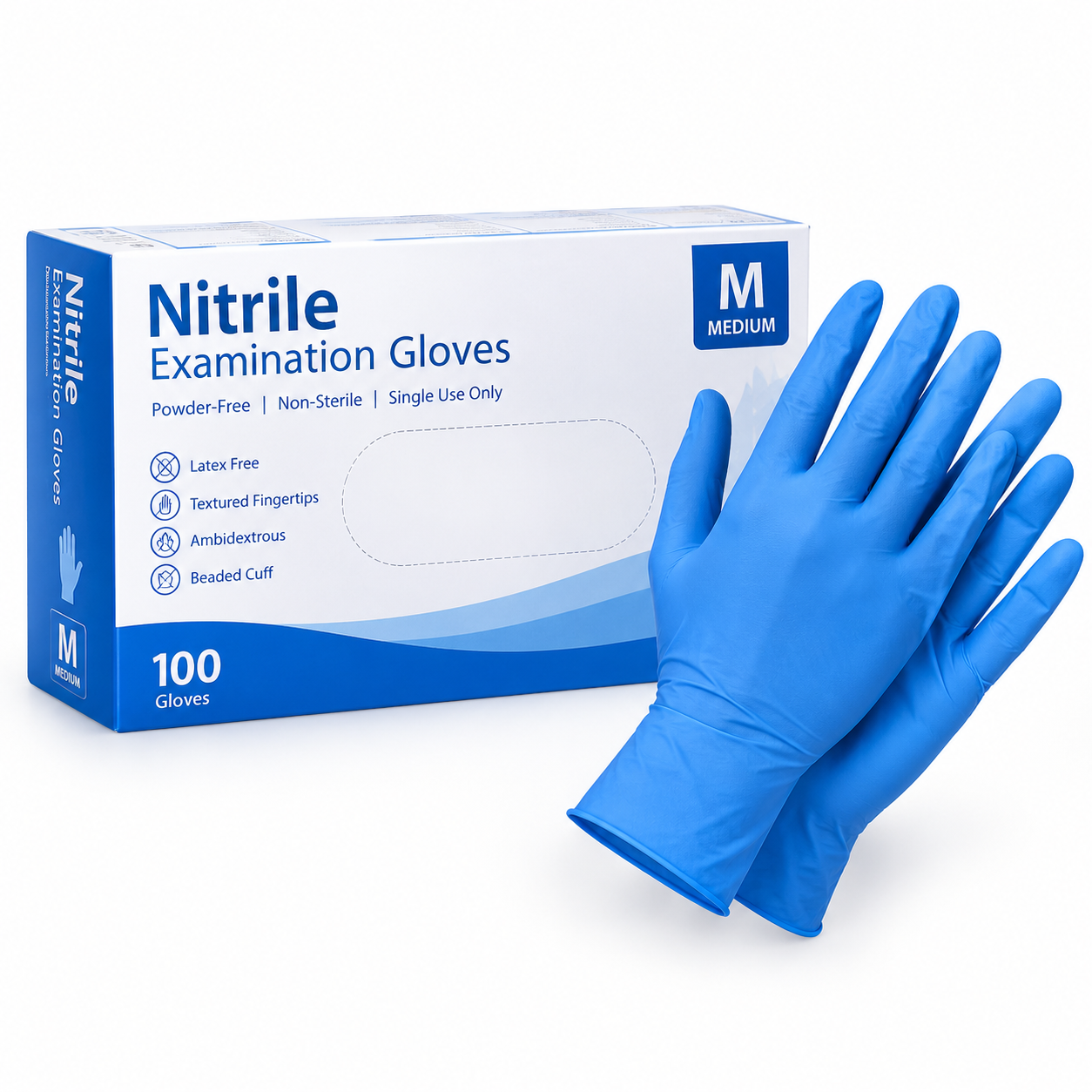 Box of 100 medium powder-free nitrile examination gloves beside a pair of blue nitrile gloves