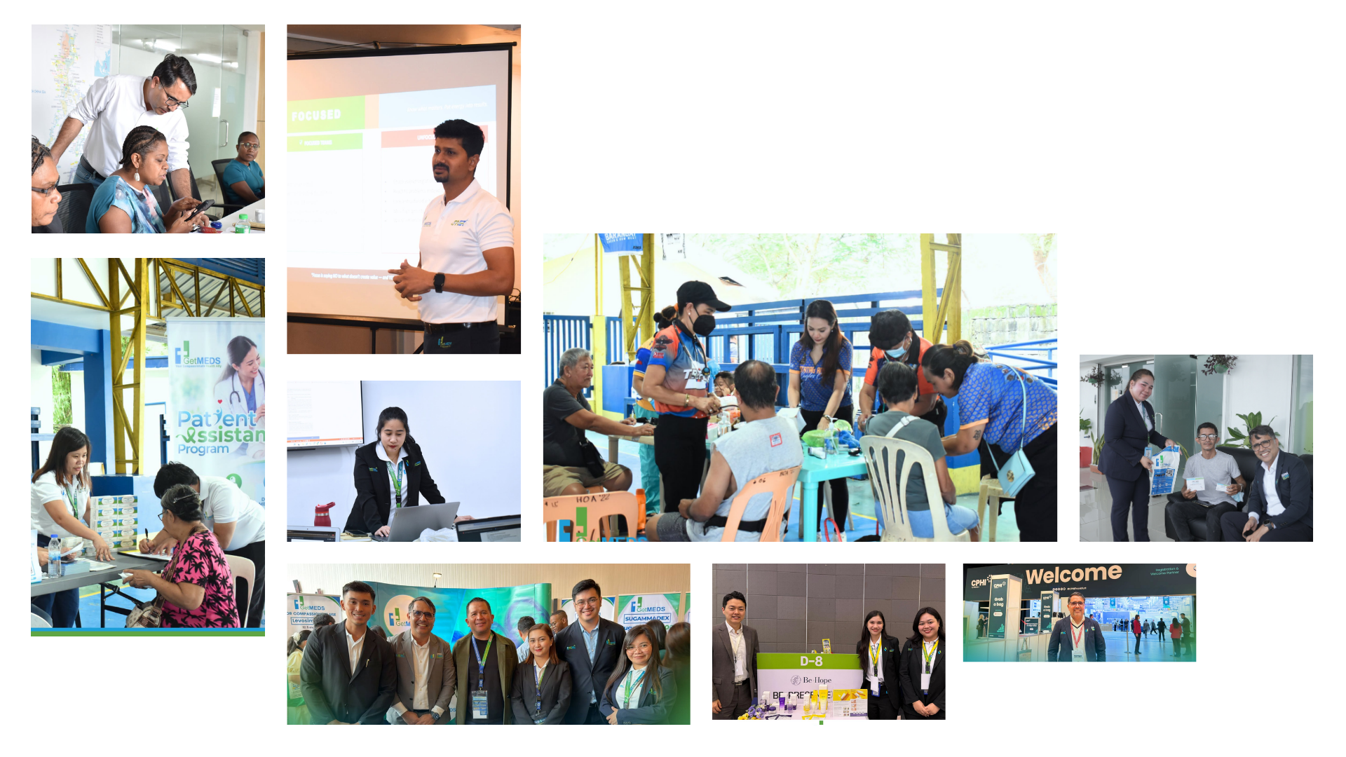 A collage of the Bishnoi team at work: leading training sessions, helping patients at community health events, and meeting partners at trade exhibitions