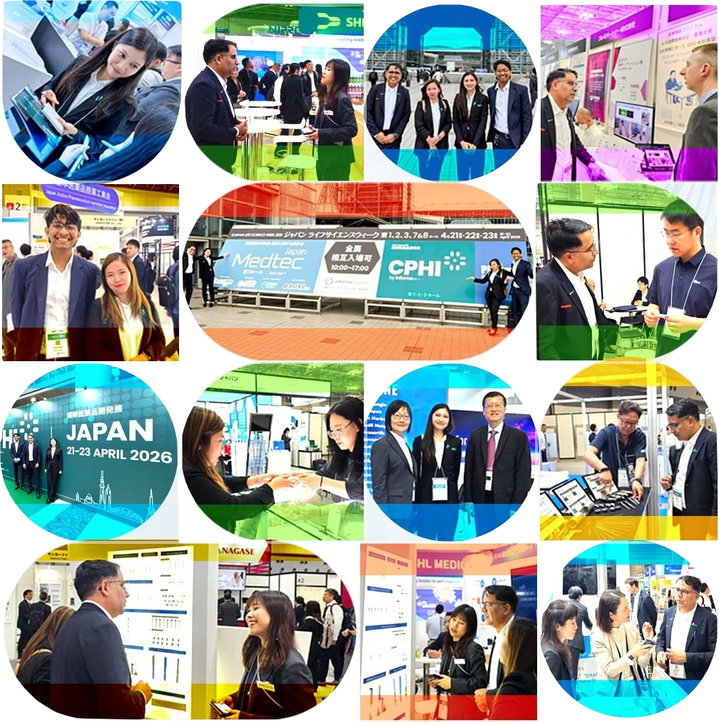 A collage of the Bishnoi team at trade exhibitions in Japan: meeting suppliers at their stands, looking over products, and gathered outside the CPHI and Medtec venue