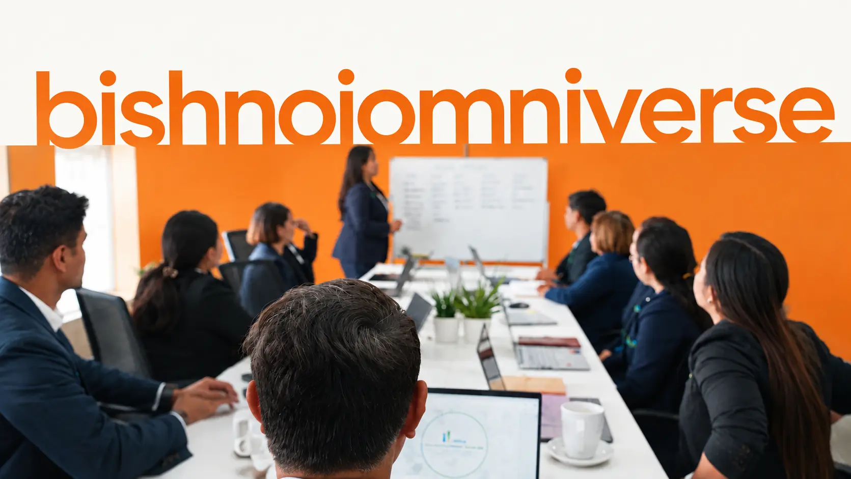 The Bishnoi Omniverse team in a meeting, with the bishnoiomniverse wordmark above