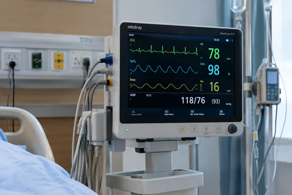 A bedside patient monitor showing ECG, SpO2, respiration and blood pressure readings beside a hospital bed