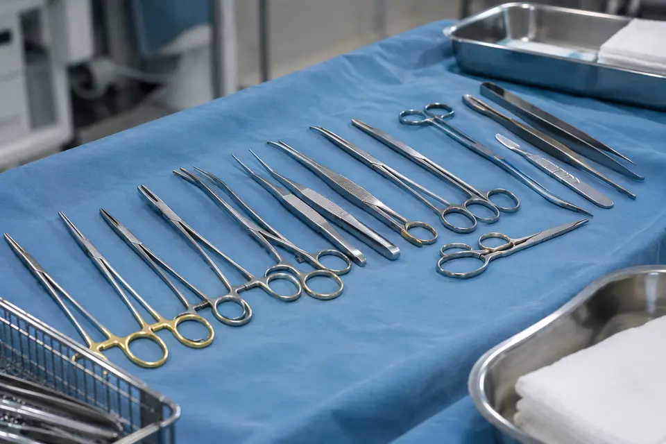 Surgical instruments — forceps, scissors and a scalpel — laid out on a blue sterile drape